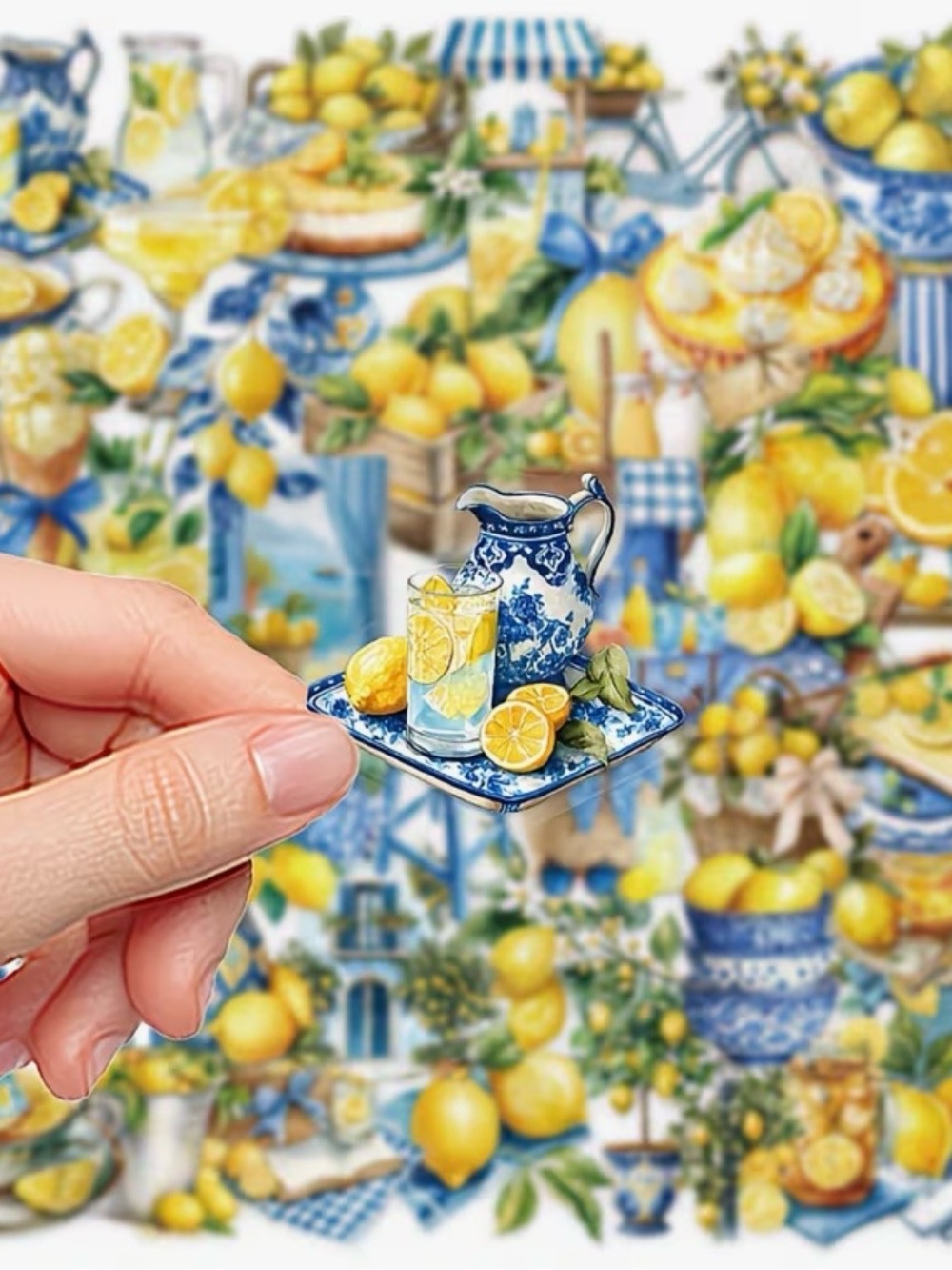 50 Blue & Yellow Lemon Stickers Mediterranean Citrus Drinks Fruit Tote Pie - Picture 5 of 9